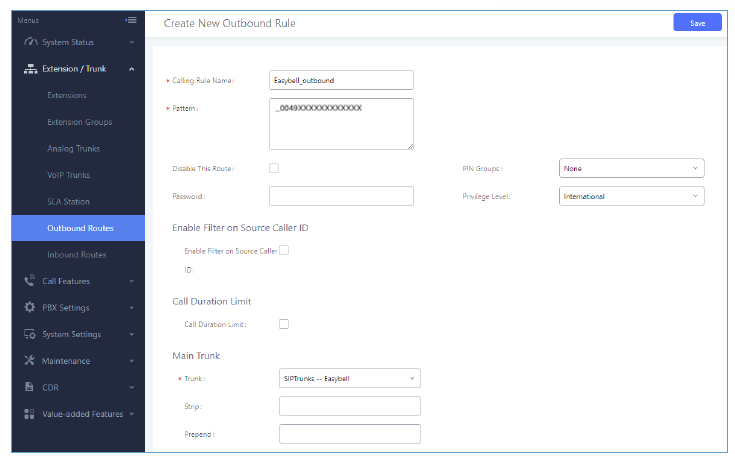 Screenshot of rules for outbound calls
