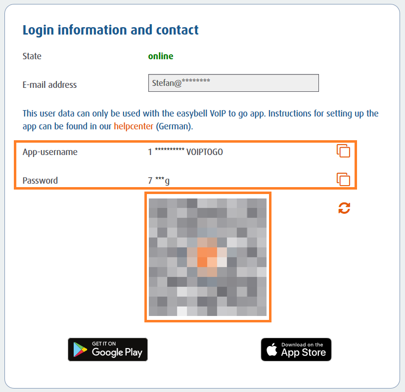 Screenshot: Login information