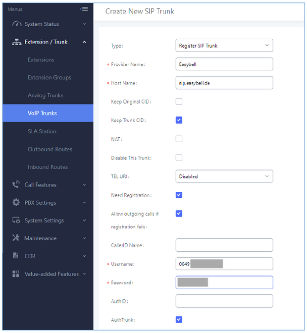 Screenshot of SIP trunk settings