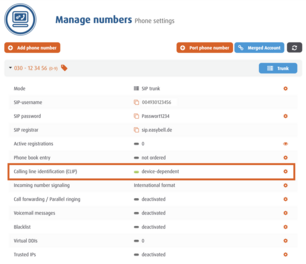 screenshot Manage numbers - Calling line identification (CLIP)