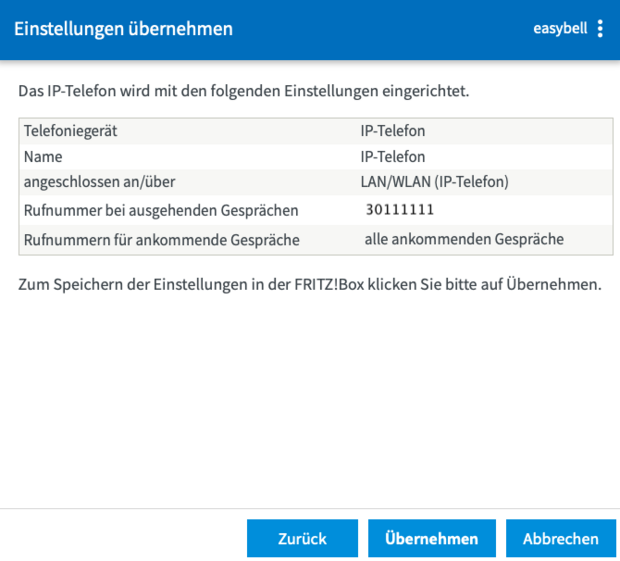 screenshot Fritz - Einstellung übernehmen