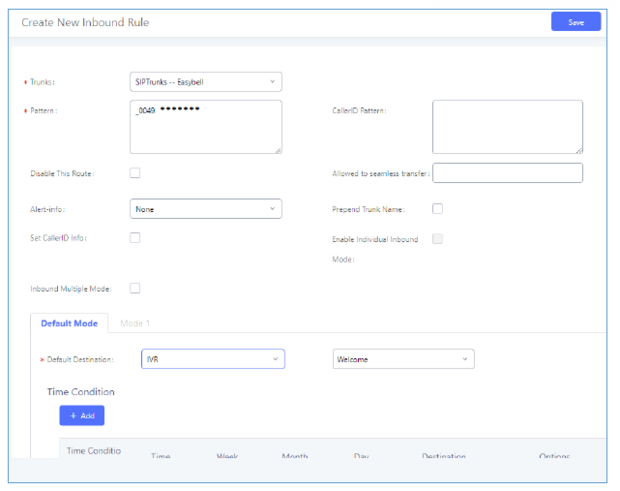 Screenshot of inbound calling routes