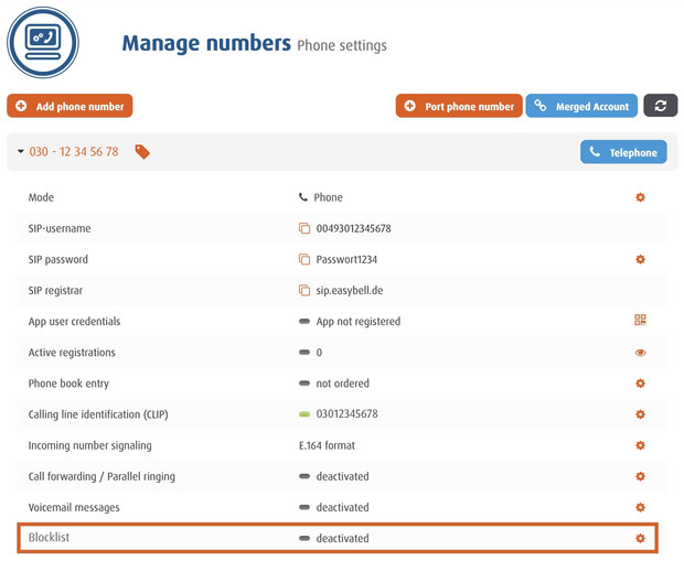 screenshot Manage numbers - Blocklist