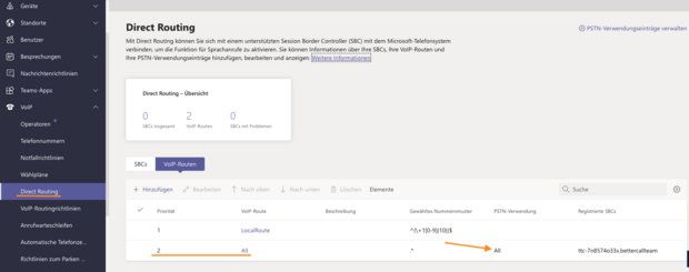 Screenshot MS Teams VoIP Routen