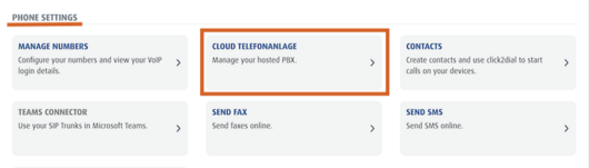 Screenshot: overview from Phone settings with Cloud Telefonanlage