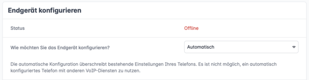 Oberfläche zur automatischen Endgeräte-Konfiguration in der Easybell Cloud Telefonanlage mit Nutzungshinweis
