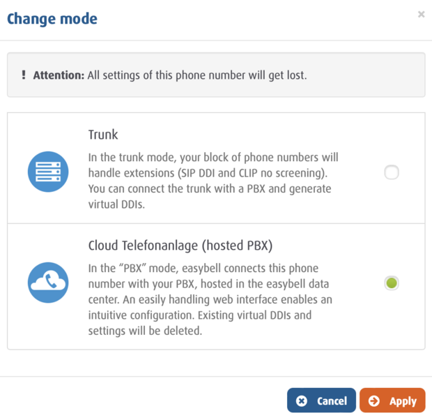 screenshot Change mode (Trunk -> Cloud Telefonanlage)