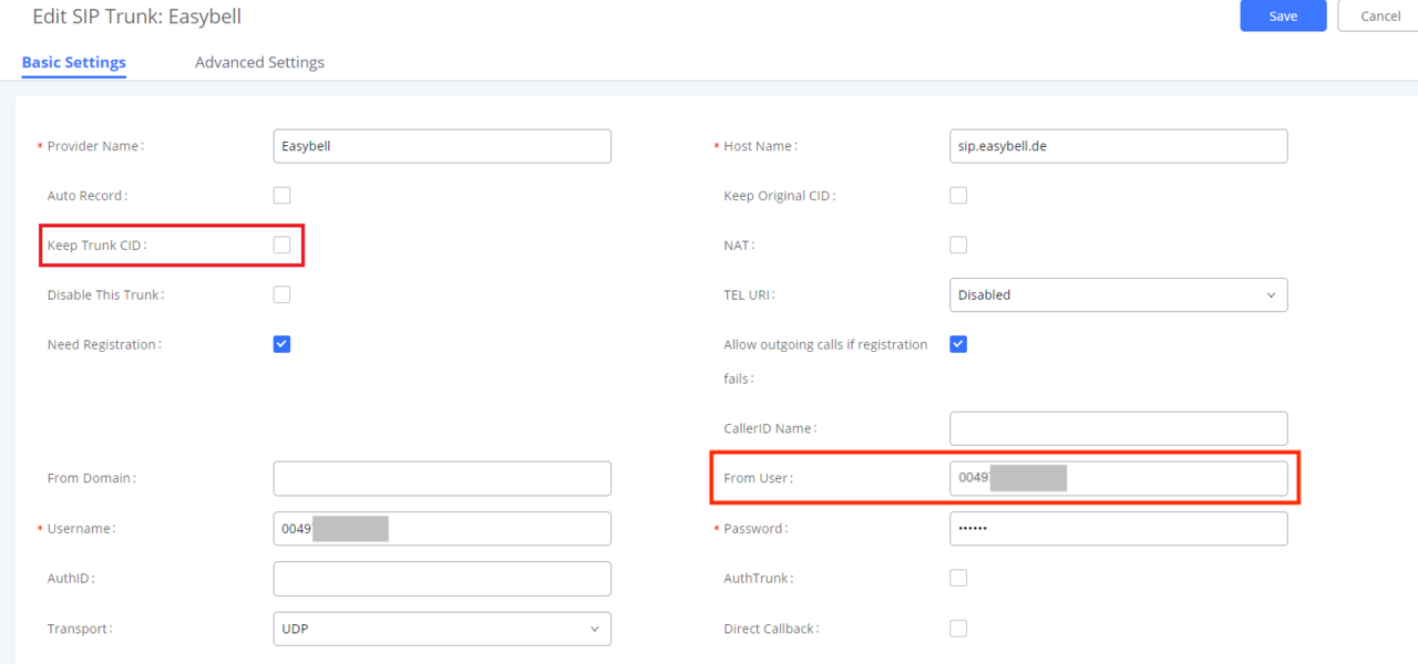 Screenshot SIP Trunk Einstellungen
