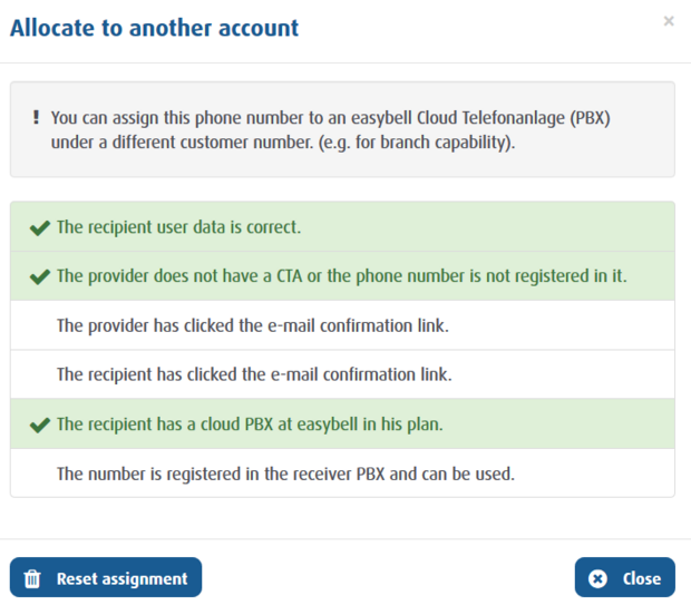 Screenshot: window for allocating another account with current status and button for resetting assignment