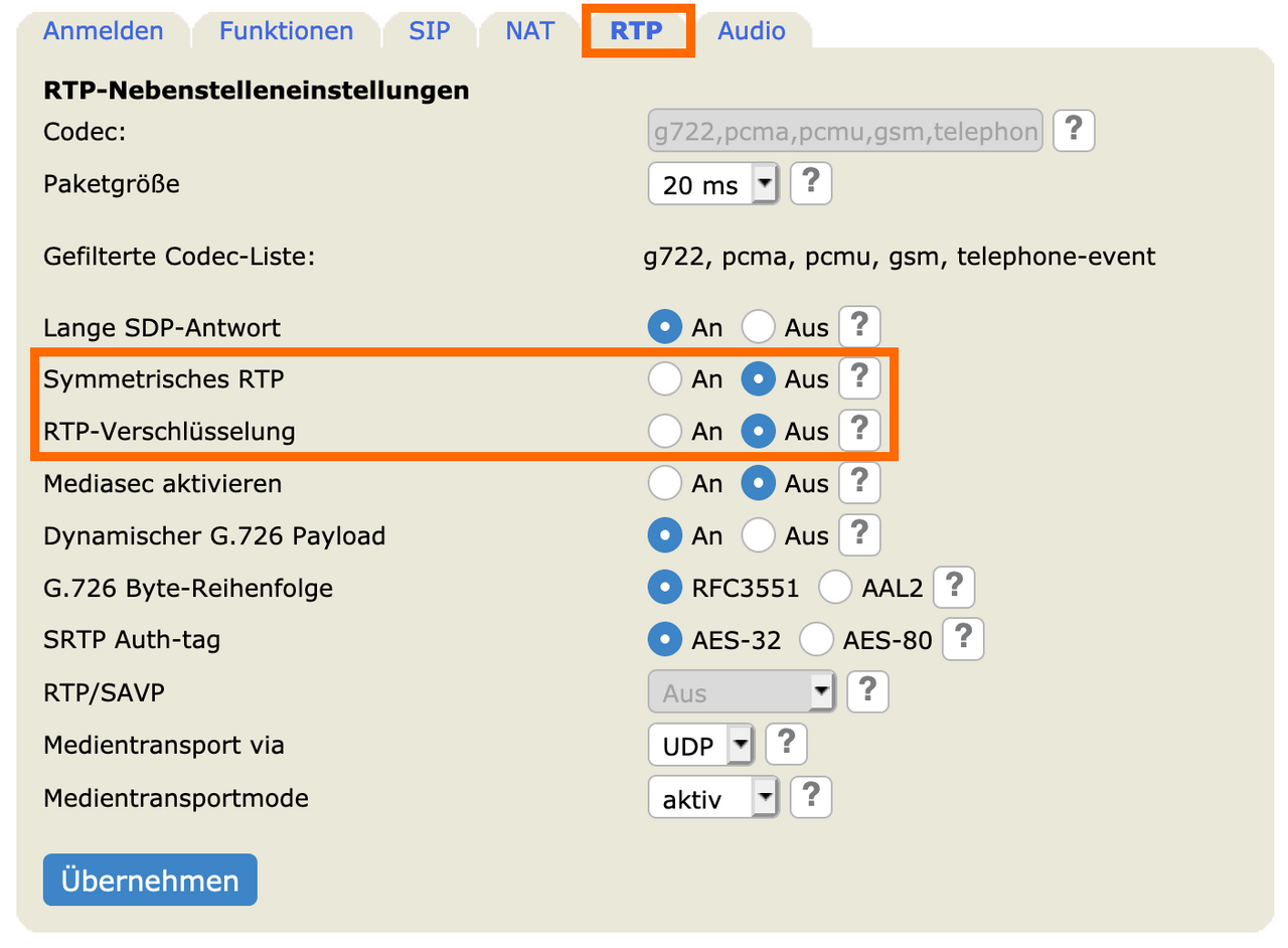 Snom Optionen RTP Screenshot Snom RTP Settings