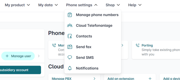 Drop-down menu in the Easybell customer portal with telephone functions such as phone numbers, cloud telephone system and fax