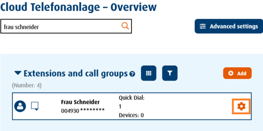 Screenshot: overview of extension and call groups with gear icon for editing night switch