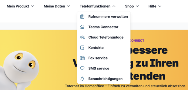 Telefonfunktionen Dropdown Screenshot der verfügbaren Telefonfunktionen