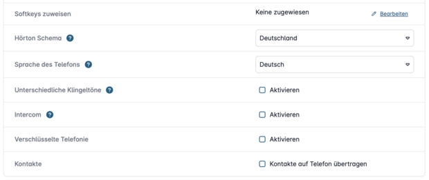 Funktionsübersicht zur automatischen Endgeräte-Konfiguration in der Easybell Cloud Telefonanlage mit Optionen für Sprache, Klingeltöne und Intercom