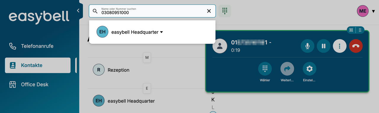 ConnectMe-Oberfläche mit aktiver Rücksprache und Suchleiste zur Zielnummer für Attended Transfer