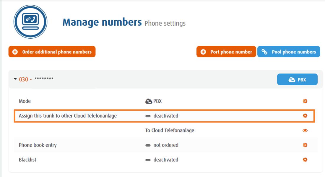 Screenshot: Manage numbers view with gear symbol to assign trunk to other Cloud Telefonanlage