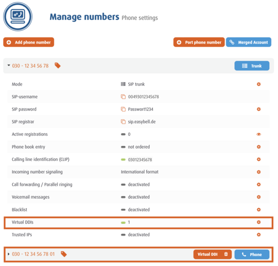 screenshot Manage numbers - Virtual DDIs