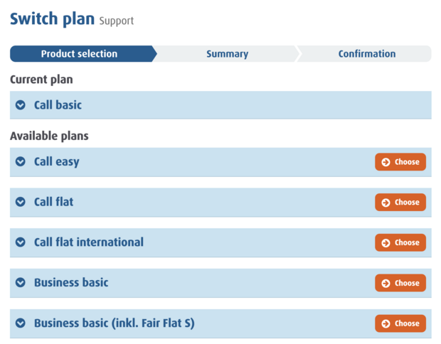 screenshot Switch plan - Product selection