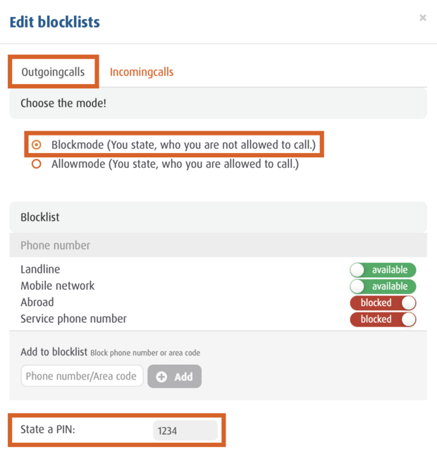 screenshot Edit blocklist - Outgoingcalls