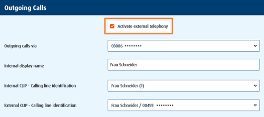 Screenshot: under outgoing calls the field Activate external telephony is checked for allowing external calls.