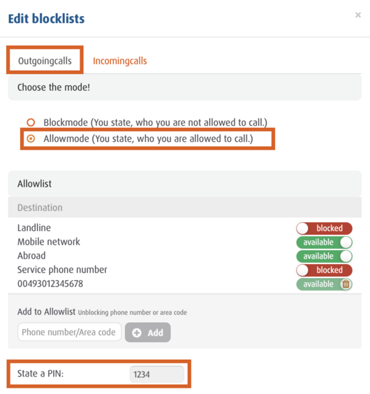 screenshot Edit blocklists - Outgoing calls