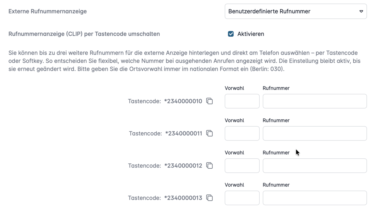 CLIP-Funktion der Cloud Telefonanlage Pro zur Auswahl externer Rufnummern per Tastencode.
