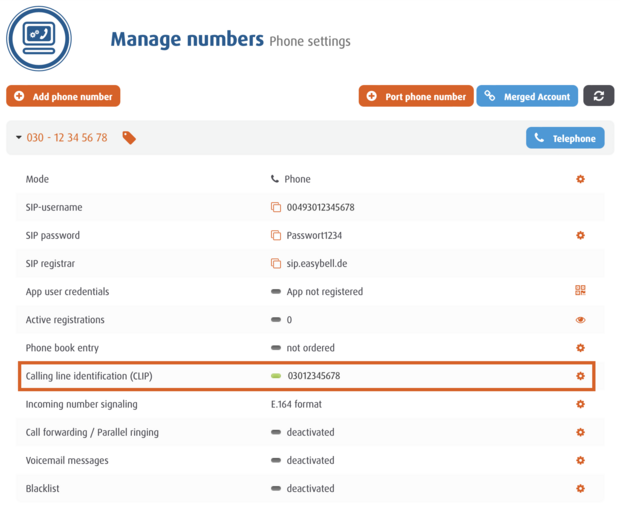 screenshot Manage numbers - Calling line identification (CLIP)