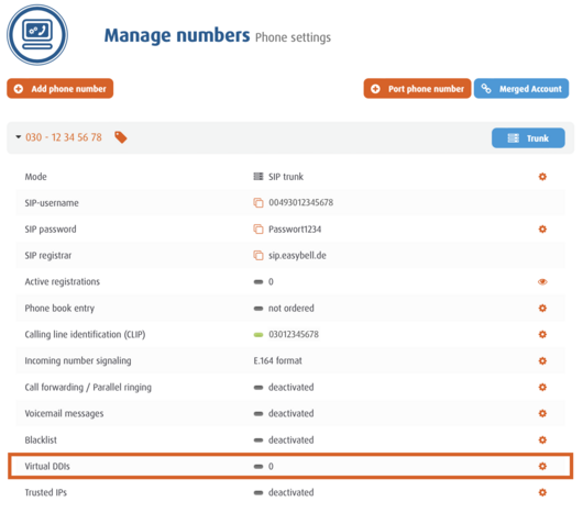 screenshot Manage numbers - Virtual DDIs
