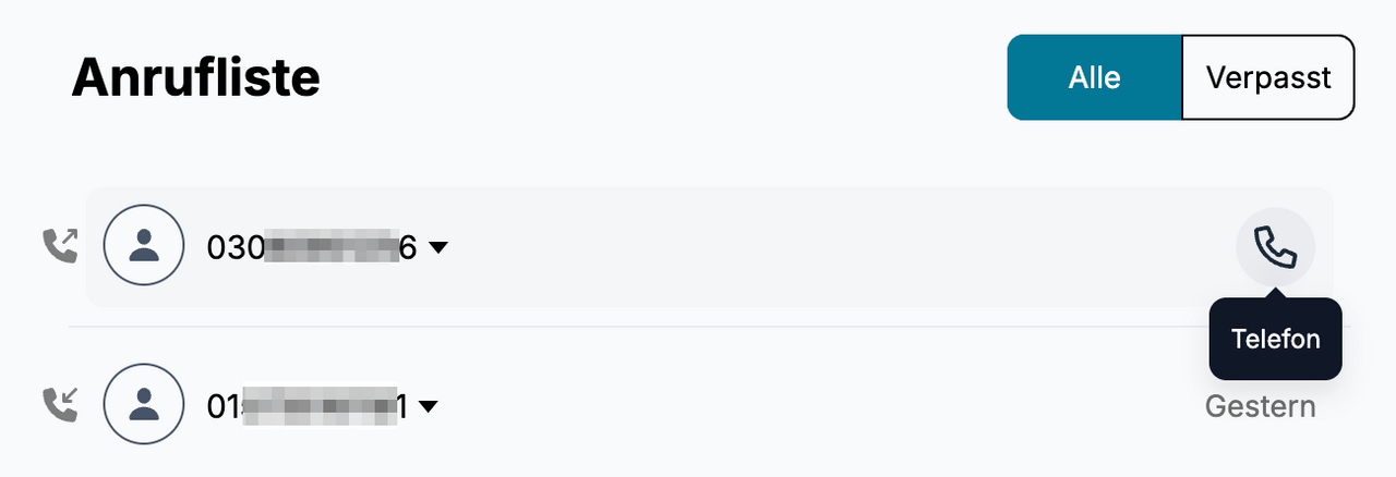 Anrufliste in ConnectMe mit Option, Anruf direkt aus Eintrag zu starten