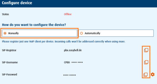 Screenshot: view of login data for manual configuration with copy function for SiP credentials.