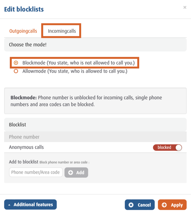 screenshot Edit blocklists - Incoming calls