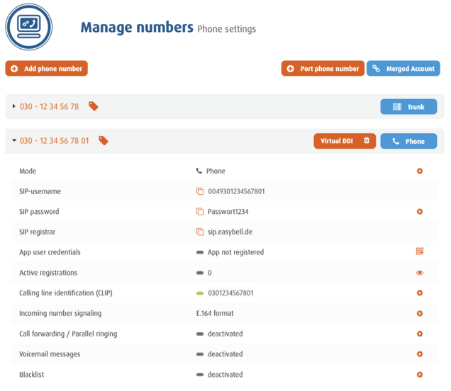 screenshot Manage numbers - Phone settings