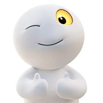 3D-Figur Ping von Easybell mit einem zwinkernden Auge und zwei Daumen hoch